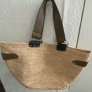 NEW! Isabel Marrant - Bahiba Leather-Trimmed Raffia Tote (Color: Natural/ Dar…